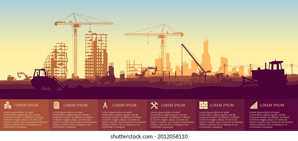 Construction site with a tower crane. Construction of houses. Infographics for website or presentation. Modern city. Panoramic view of the construction site. EPS 10