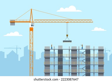 Construction site. Tower crane lifting a load. Building concrete frame. Vector illustration