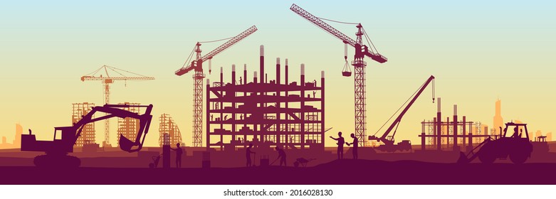 Construction site with a tower crane. Construction of residential buildings. Panoramic view of the construction of skyscrapers. Landscape with a modern city. EPS 10