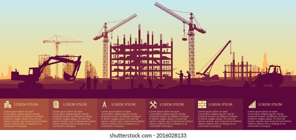 Construction site with a tower crane. Construction of residential buildings. Infographics for presentation or website. Panoramic view of the construction of skyscrapers. Landscape with a modern city.