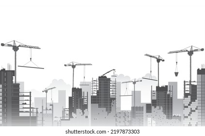 Construction site with a tower crane. Construction of residential buildings.Vector illustration