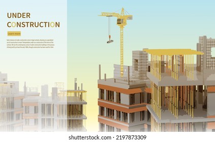 Construction site with a tower crane. Construction of residential buildings.Vector illustration