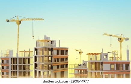Construction site with a tower crane. Construction of residential buildings.Vector illustration