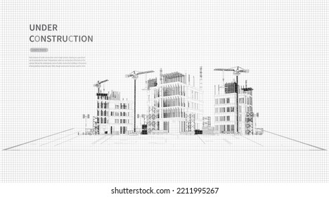 Construcción con grúa de torre. Construcción de edificios residenciales.Ilustración vectorial