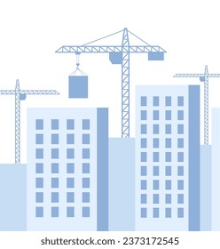 Construction site with a tower crane. Construction of residential buildings. Panoramic view of the construction of skyscrapers. Construction city background. Vector illustration