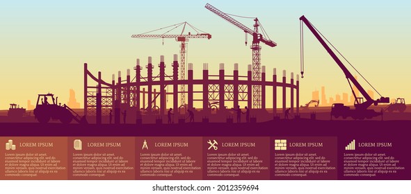 Baustelle mit Turmkran. Stadionbau. Infografiken für Website oder Präsentation. Vorbereitung auf Sportspiele. Panoramasicht auf die Baustelle. EPS10