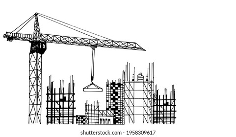 Lugar de construcción con grúas de torre. Ciudad. Edificios. Paisaje urbano. Vector dibujado a mano. Construcción, desarrollo, arquitectura u otra ilustración o fondo conceptual.