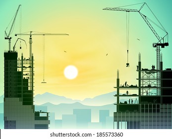 A Construction Site with Tower Cranes and Sunset, Sunrise