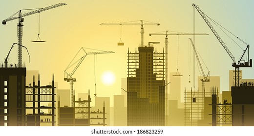 Construction Site with Tower Cranes and Sunset, Sunrise. - Vector EPS 10