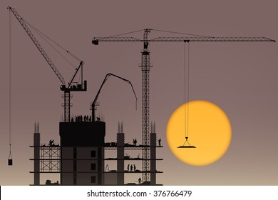 Un lugar de construcción con torre de grúas y puesta de sol, amanecer