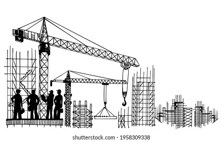 Baustelle mit Turmkranen. Teamarbeit. Stadt. Landschaft. Handgezeichneter Vektor. Konstruktion, Entwicklung, Architektur oder andere Concept Illustration oder Hintergrund.
