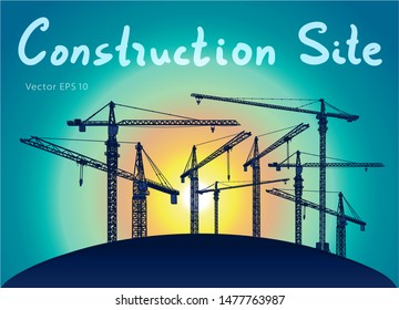 Construction site tower cranes. Vector freehand draw