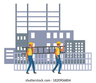 Construction Site, Two Builders Walking, Carrying Ladder Near Fence, Men Workers In Protection Overalls And Helmets, Silhouette Of Unfinished Houses At Background, Flat Style Cartoon Illustration