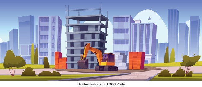 Construction site with unfinished house and excavator. Vector cartoon illustration of cityscape with building works, stacks of brick and digger. Process of house construction on town street