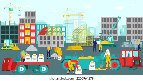 Construction site, vector illustration. Build house work design, building industry with worker background. Crane equipment