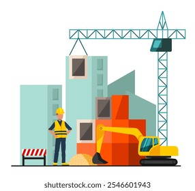 Construction Site vector illustration. Building machinery and construction worker. Real Estate and Housing Development.