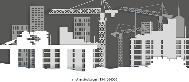 Construction site, vector illustration in paper art modern craft style. House construction, home building industry concept for poster, banner, website page etc.