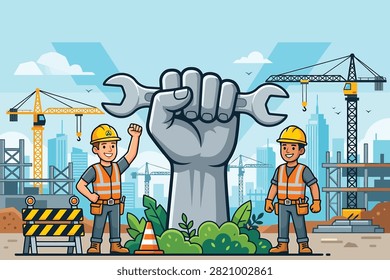 Construction site vector illustration with workers in hard hats and a giant fist holding a wrench.