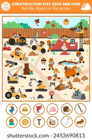 Construction site vector searching game with building works landscape. Spot hidden objects. Simple seek and find printable activity for kids with workers, building brick house, special cars
