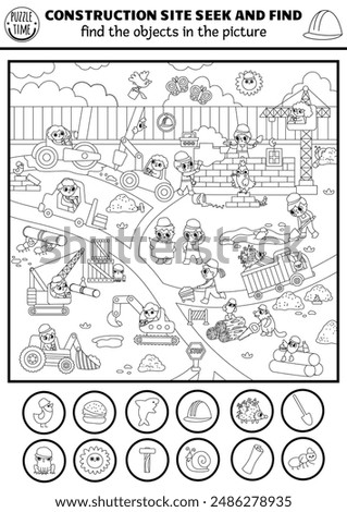 Construction site vector searching game with building works landscape. Spot hidden objects. Simple black and white seek and find printable activity, coloring page for kids with workers
