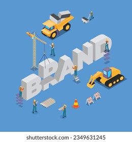 construction site vehicles building BRAND word isometric 3d vector concept for banner, website, illustration, landing page, etc