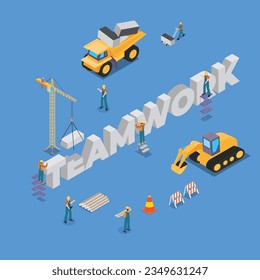 construction site vehicles building TEAMWORK word isometric 3d vector concept for banner, website, illustration, landing page, etc