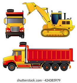 Construction site vehicles. Front wheel loader and dump truck. Vector illustration. Icon. Flat style. Isolated on white