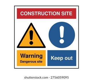 Construction site warning sign indicating a dangerous area with clear keep out instruction. Ideal visual for illustrating workplace hazard alerts, industrial safety signage, and construction site danger awareness.