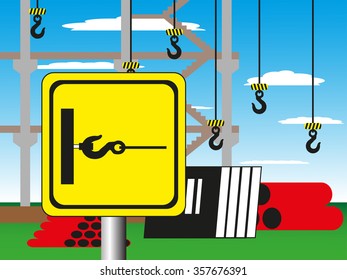 Construction site with a warning sign. Vector illustration. Towing cargo.