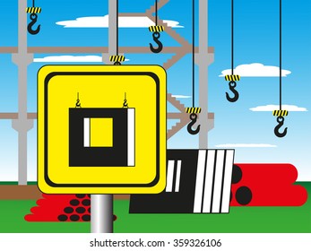 Construction site with a warning sign. Vector illustration. Load reinforced concrete slab.