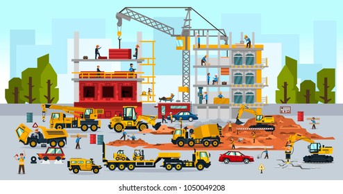 Construction site, the work of a large group of builders, building a house. A set of service vehicle, repair, cars, crane. Vector illustration, a flat style.