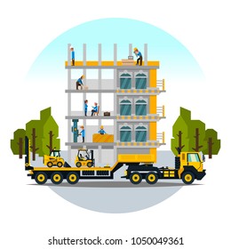 Construction site, the work of a large group of builders, building a house. A set of service vehicle, repair, cars. Vector illustration, a flat style
