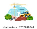 Construction site work in progress with machines vector illustration. Building house with cranes flat style. Infrastructure, rebuild concept