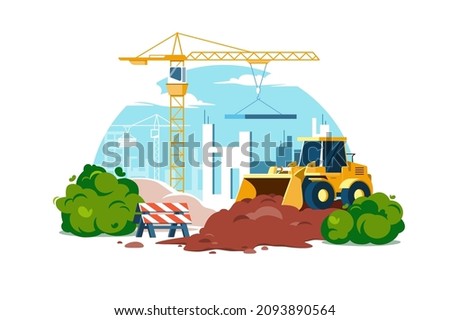 Construction site work in progress with machines vector illustration. Building house with cranes flat style. Infrastructure, rebuild concept Stockfoto © 