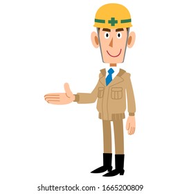 Construction site worker in beige uniform introducing the right side