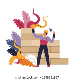 Lugar de construcción, trabajador, contratista, ladrillo en cascos de seguridad, ladrillo tendido con carretilla de albañilería y mortero para construir una pared, unidad estructural, ilustración de vector colorida sobre fondo blanco