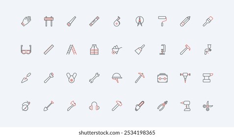 Construction site worker hand tools, hardware of toolbox, work safety equipment line icon set. Helmet and glove, vest, mask of contractor builder thin black and red outline symbols vector illustration