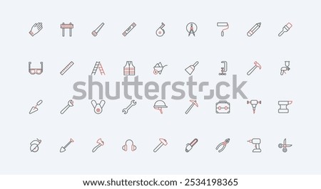 Construction site worker hand tools, hardware of toolbox, work safety equipment line icon set. Helmet and glove, vest, mask of contractor builder thin black and red outline symbols vector illustration