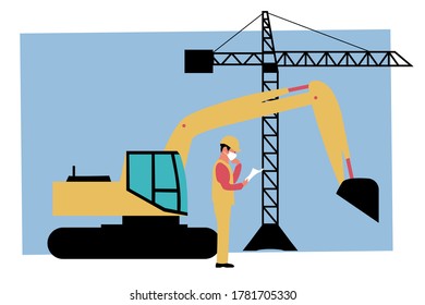 Construction site and worker in medical mask post-corona COVID-19 pandemic, construction machine and crane in background. EPS 10. 