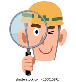Construction site worker peeking through a magnifying glass, man wearing a helmet