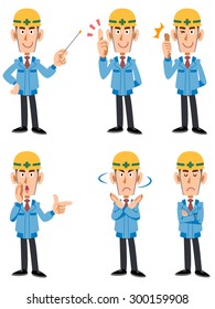 Construction site worker six poses and facial expressions