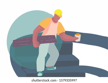 A construction site worker taking a coffee break. Flat vector illustration.