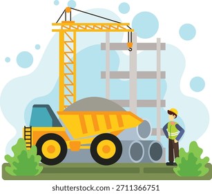 Construction site with worker truck and crane illustration