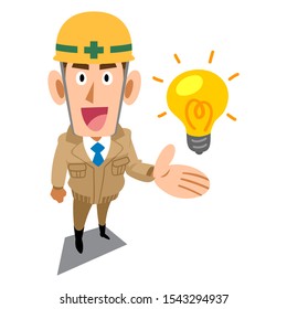 Construction site worker wearing beige work clothes proposing ideas and solutions