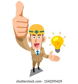 Construction site worker wearing beige work clothes to thumb up ideas