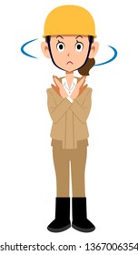 Construction site worker woman doing prohibition gesture, Beige work clothes