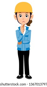 Construction site worker woman thinking blue work clothes