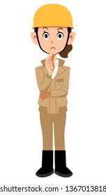 Construction site worker woman thinking beige work clothes