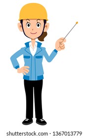 Construction site worker woman with work stick blue work clothes