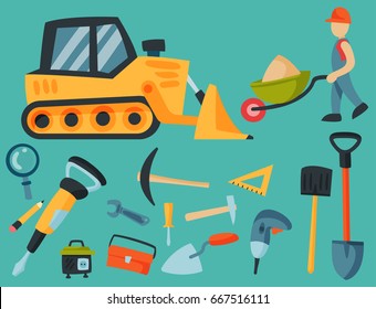 Construction site workers aerial industry equipment architecture crane building business development vector illustration.